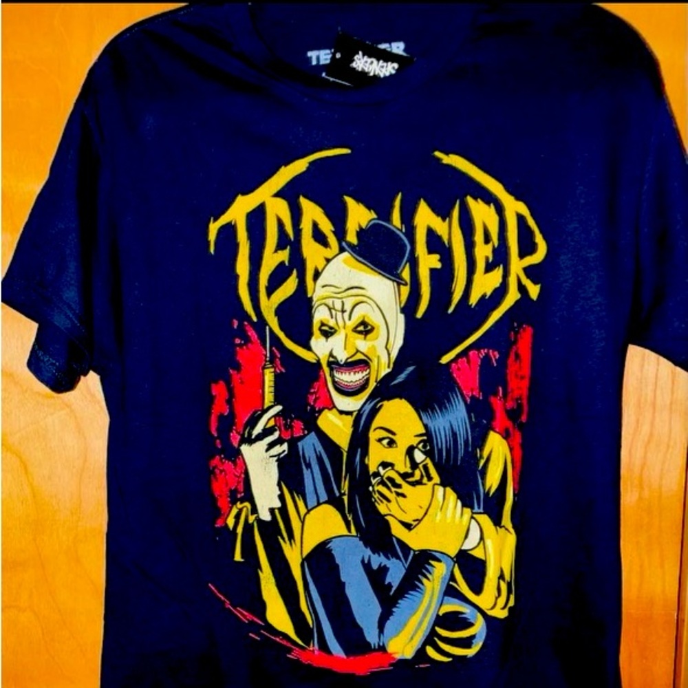 BRAND NEW TERRIFIER TSHIRT ART THE CLOWN HALLOWEEN SPENCERS DARK AGE CINEMA
